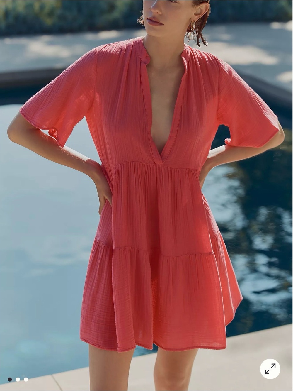 By Anthropologie Kallie V-Neck Mini Tunic Dress Coral Red Lightweight Coverup